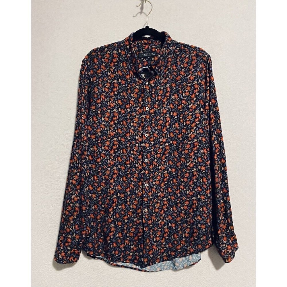 Zara Man Shirt Mens XL Floral Button Down Long Sleeve Black Red Boho Hipster